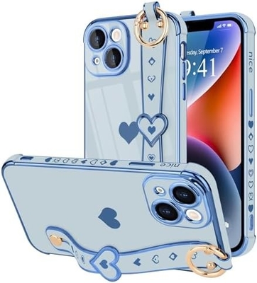 iPhone 12 Pro Cute Love-Heart Plating Strap Tutup Telepon Untuk Wanita Gadis Bling Silicone Kamera Lensa Perlindungan Bumper