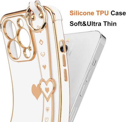 iPhone 12 Pro Cute Love-Heart Plating Strap Tutup Telepon Untuk Wanita Gadis Bling Silicone Kamera Lensa Perlindungan Bumper
