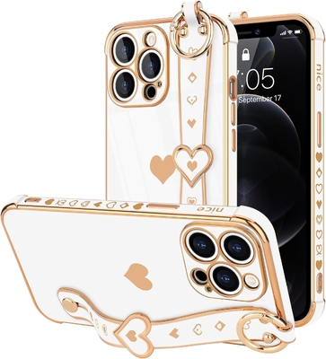 iPhone 12 Pro Cute Love-Heart Plating Strap Tutup Telepon Untuk Wanita Gadis Bling Silicone Kamera Lensa Perlindungan Bumper