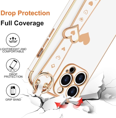 iPhone 12 Pro Cute Love-Heart Plating Strap Tutup Telepon Untuk Wanita Gadis Bling Silicone Kamera Lensa Perlindungan Bumper