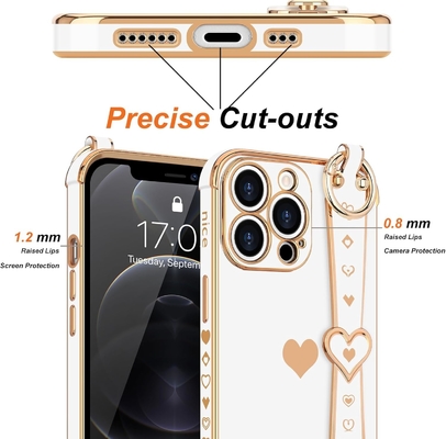 iPhone 12 Pro Cute Love-Heart Plating Strap Tutup Telepon Untuk Wanita Gadis Bling Silicone Kamera Lensa Perlindungan Bumper