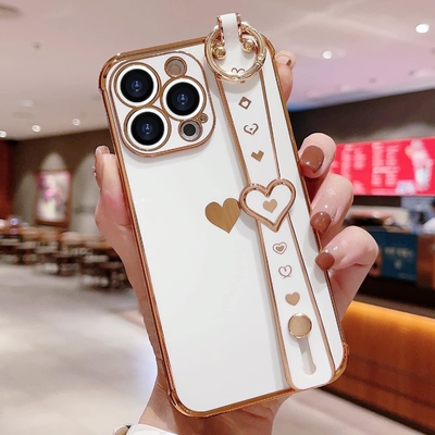 iPhone 12 Pro Cute Love-Heart Plating Strap Tutup Telepon Untuk Wanita Gadis Bling Silicone Kamera Lensa Perlindungan Bumper
