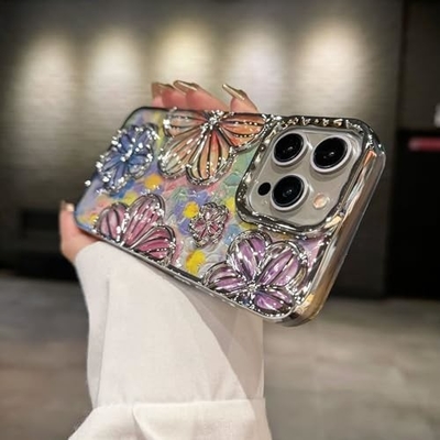 iPhone 12 Pro Max Case 6.7 Inch,Clear 3D Flower Phone Case for Women Girls Luxury Plating Floral Case Cover Estetika