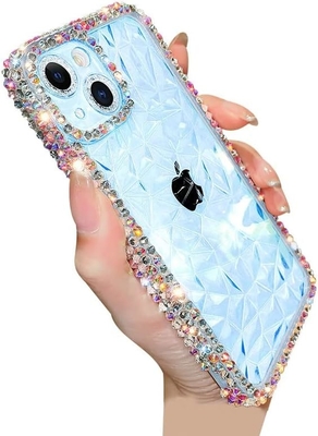 Deluxe Crystal Diamond Pattern Perlindungan Lensa Kamera Transparan Soft Shockproof Cover Phone Case (biru, iPhone 13 Pro