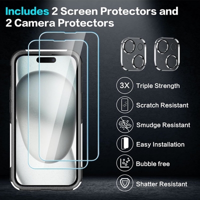 [5 dalam 1 untuk iPhone 15 Plus Case,dengan 2 Paket Screen Protector + 2 Paket Kamera Lens Protector,Heavy-Duty Tough Rugged