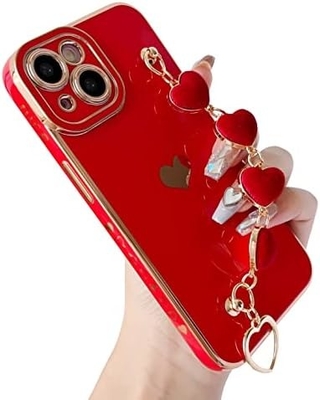 untuk iPhone 12 Pro Max Case,Cute Plating Love Heart Wrist Strap Chain Bracelet Soft Kompatibel dengan