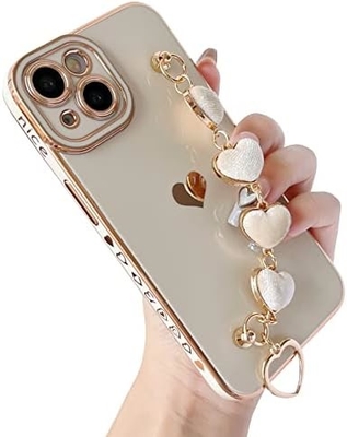 untuk iPhone 12 Pro Max Case,Cute Plating Love Heart Wrist Strap Chain Bracelet Soft Kompatibel dengan