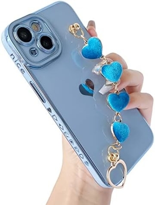 untuk iPhone 12 Pro Max Case,Cute Plating Love Heart Wrist Strap Chain Bracelet Soft Kompatibel dengan