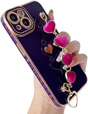 untuk iPhone 12 Pro Max Case,Cute Plating Love Heart Wrist Strap Chain Bracelet Soft Kompatibel dengan