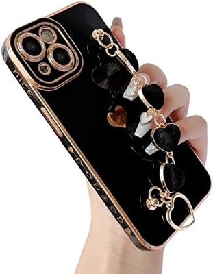 untuk iPhone 12 Pro Max Case,Cute Plating Love Heart Wrist Strap Chain Bracelet Soft Kompatibel dengan