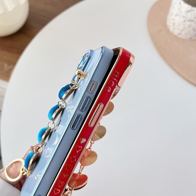 untuk iPhone 12 Pro Max Case,Cute Plating Love Heart Wrist Strap Chain Bracelet Soft Kompatibel dengan