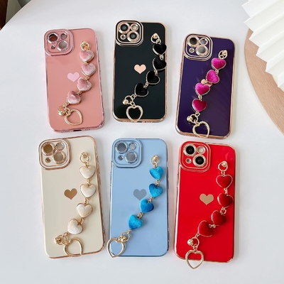 untuk iPhone 12 Pro Max Case,Cute Plating Love Heart Wrist Strap Chain Bracelet Soft Kompatibel dengan