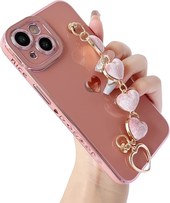untuk iPhone 12 Pro Max Case,Cute Plating Love Heart Wrist Strap Chain Bracelet Soft Kompatibel dengan