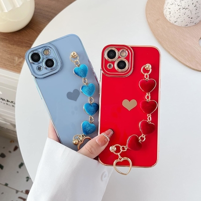untuk iPhone 12 Pro Max Case,Cute Plating Love Heart Wrist Strap Chain Bracelet Soft Kompatibel dengan