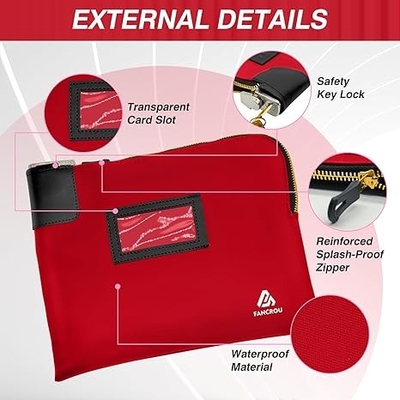Waterproof Cash Bag dengan kunci dan 2 Kunci, Tas uang dengan Zipper, Tas keamanan untuk uang tunai, Bag Deposit Bank Money tahan lama, tas dokumen nilon, Coin Check Wallet Bag, tas uang tunai kecil, 11 x 9 Inch, Merah