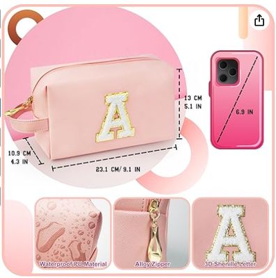 Tas Makeup Inisial yang Dipersonalisasi dengan Pegangan, Tas Kosmetik Preppy dengan Saku Ritsleting Dalam, untuk Anak Perempuan Usia 8 9 10 11 12 13 14 Tahun, Hadiah Kelulusan untuk Remaja Perempuan Wanita Guru