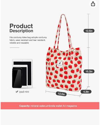 Tas Wanita Tote, Gadis, Kapasitas Besar Corduroy Tas Belanja Bahu Dapat Dipakai Ulang dengan Bagian Dalam