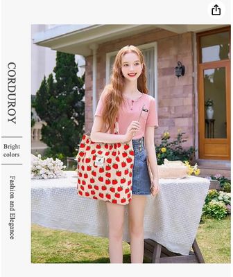 Tas Wanita Tote, Gadis, Kapasitas Besar Corduroy Tas Belanja Bahu Dapat Dipakai Ulang dengan Bagian Dalam