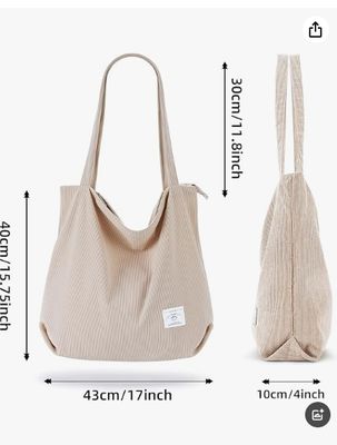 Tas Tote Corduroy Wanita KALIDI Ritsleting Tas Tangan Kasual Kapasitas Besar Tas Bahu dengan Saku