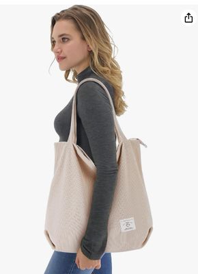 Tas Tote Corduroy Wanita KALIDI Ritsleting Tas Tangan Kasual Kapasitas Besar Tas Bahu dengan Saku