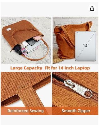 Tas Tote Corduroy Wanita KALIDI Ritsleting Tas Tangan Kasual Kapasitas Besar Tas Bahu dengan Saku