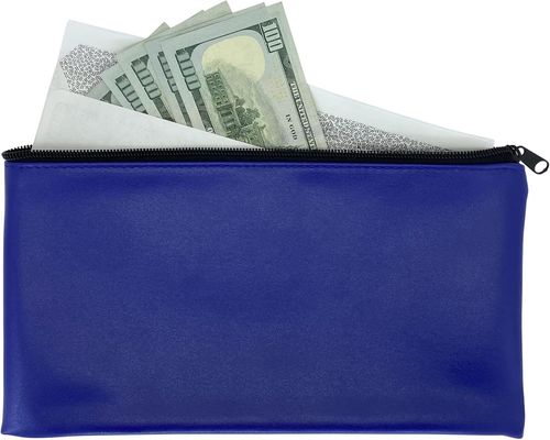 Blue Bank Security Deposit Zipper Bag, Water Resistant Vinyl Coated Leather-like Exterior with Soft Interior Lining. For Cash, Check, Coin and Money Storage and more. 11x6 inch