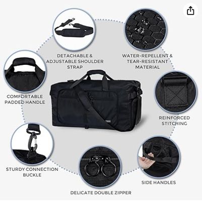 Fmeida 65L Duffle Bag with Shoes Compartment, Foldable Travel Duffel Bags for Men Women, Large Packable Travel Bag Water Repellent & Tear Resistant