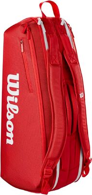 Wilson Super Tour Red Tennis Racket Backpack designed to hold up to 6 rackets with thermoguard lining and dual carrying system for comfortable transport