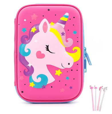 Kotak Alat Tulis Unicorn EVA Lucu 3D Tahan Guncangan Kapasitas Besar Multi-Kompartemen untuk Sekolah dengan 4 pena unicorn; Cangkang EVA melindungi perlengkapan