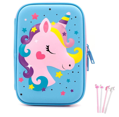 Kotak Alat Tulis Unicorn EVA Lucu 3D Tahan Guncangan Kapasitas Besar Multi-Kompartemen untuk Sekolah dengan 4 pena unicorn; Cangkang EVA melindungi perlengkapan