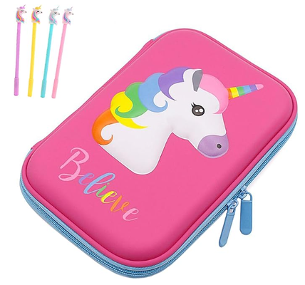 Kotak Alat Tulis Unicorn EVA Lucu 3D Tahan Guncangan Kapasitas Besar Multi-Kompartemen untuk Sekolah dengan 4 pena unicorn; Cangkang EVA melindungi perlengkapan