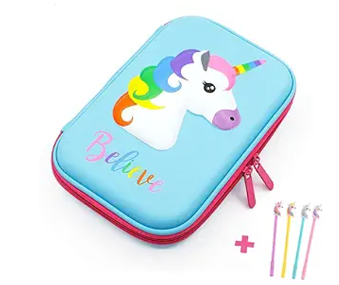 Kotak Alat Tulis Unicorn EVA Lucu 3D Tahan Guncangan Kapasitas Besar Multi-Kompartemen untuk Sekolah dengan 4 pena unicorn; Cangkang EVA melindungi perlengkapan