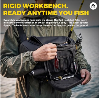 Fishing Sling Pack, EVA Hardshell dengan Workstation Lipat, Water-Resistant Convertible Front/Back Tackle Bag untuk 2×3600 Tray, Saltwater Freshwater Crossbody