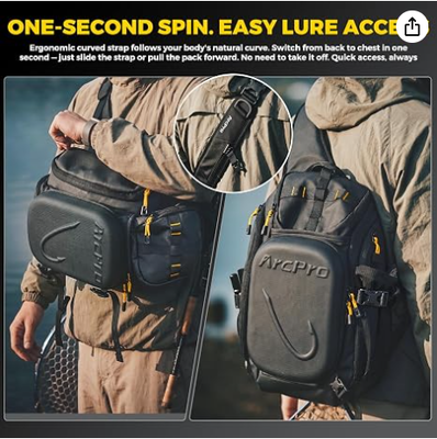Fishing Sling Pack, EVA Hardshell dengan Workstation Lipat, Water-Resistant Convertible Front/Back Tackle Bag untuk 2×3600 Tray, Saltwater Freshwater Crossbody