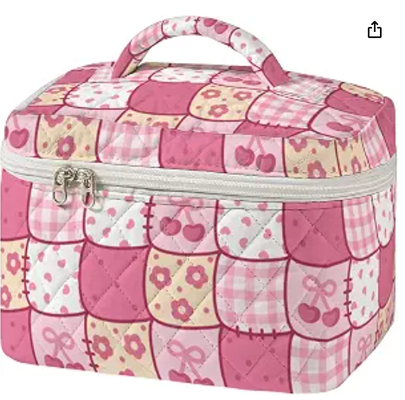 Tas Rias Quilted Besar Pola Jahit Vintage Kotak Kosmetik Perjalanan untuk Wanita Organizer Perlengkapan Mandi Estetika Patchwork dengan Pegangan Aksesori Kuas Perawatan Kulit