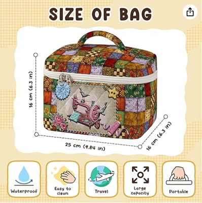 Tas Rias Quilted Besar Pola Jahit Vintage Kotak Kosmetik Perjalanan untuk Wanita Organizer Perlengkapan Mandi Estetika Patchwork dengan Pegangan Aksesori Kuas Perawatan Kulit