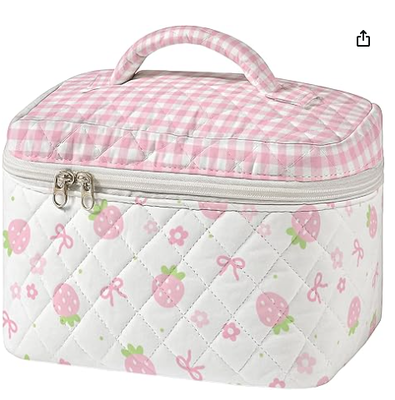 Tas Rias Quilted Besar Pola Jahit Vintage Kotak Kosmetik Perjalanan untuk Wanita Organizer Perlengkapan Mandi Estetika Patchwork dengan Pegangan Aksesori Kuas Perawatan Kulit