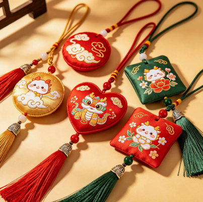Kantong gaya Cina, jimat bordir, liontin jimat keberuntungan, kantong tassel, hadiah festival, kantong yang dibuat khusus