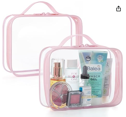 Tas Toiletries Bening dengan Gagang 2-Pack Disetujui TSA, Pink | Tas Toiletries Perjalanan Tahan Air, Tas Aksesoris Perjalanan Kabin, Tas Ukuran Quart Bandara Maskapai untuk Wanita Pria, Tas Rias