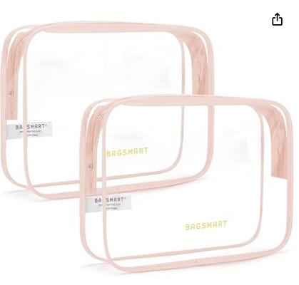 Tas Toiletries Bening dengan Gagang 2-Pack Disetujui TSA, Pink | Tas Toiletries Perjalanan Tahan Air, Tas Aksesoris Perjalanan Kabin, Tas Ukuran Quart Bandara Maskapai untuk Wanita Pria, Tas Rias