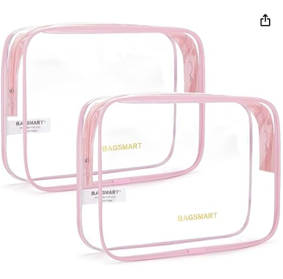 Tas Toiletries Bening dengan Gagang 2-Pack Disetujui TSA, Pink | Tas Toiletries Perjalanan Tahan Air, Tas Aksesoris Perjalanan Kabin, Tas Ukuran Quart Bandara Maskapai untuk Wanita Pria, Tas Rias