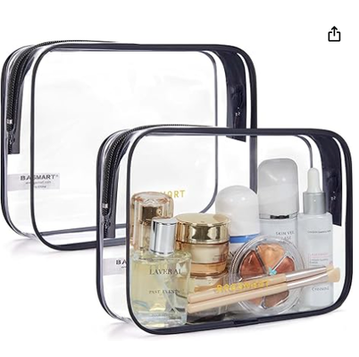 Tas Toiletries Bening dengan Gagang 2-Pack Disetujui TSA, Pink | Tas Toiletries Perjalanan Tahan Air, Tas Aksesoris Perjalanan Kabin, Tas Ukuran Quart Bandara Maskapai untuk Wanita Pria, Tas Rias