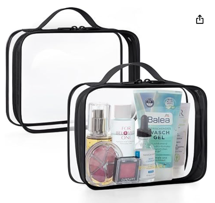 Tas Toiletries Bening dengan Gagang 2-Pack Disetujui TSA, Pink | Tas Toiletries Perjalanan Tahan Air, Tas Aksesoris Perjalanan Kabin, Tas Ukuran Quart Bandara Maskapai untuk Wanita Pria, Tas Rias