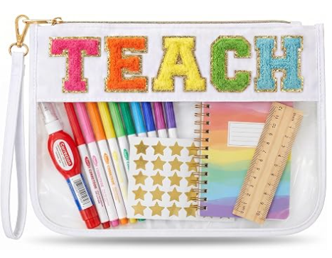 Tas Rias Hadiah Apresiasi Guru, Tas Hadiah Kelulusan untuk Wanita | Kantong Organizer Huruf Chenille TEACH Lucu. Hadiah Akhir Tahun Sempurna untuk Guru, Tas Kosmetik Bening & Perlengkapan Penting Guru