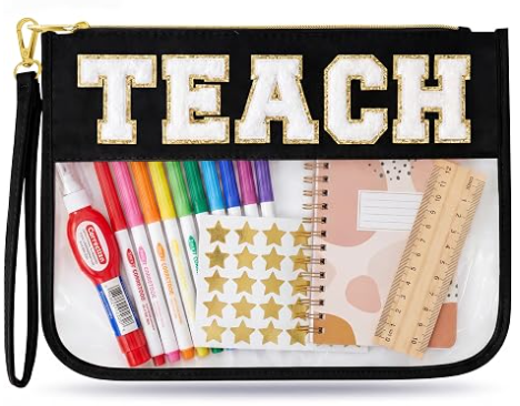 Tas Rias Hadiah Apresiasi Guru, Tas Hadiah Kelulusan untuk Wanita | Kantong Organizer Huruf Chenille TEACH Lucu. Hadiah Akhir Tahun Sempurna untuk Guru, Tas Kosmetik Bening & Perlengkapan Penting Guru