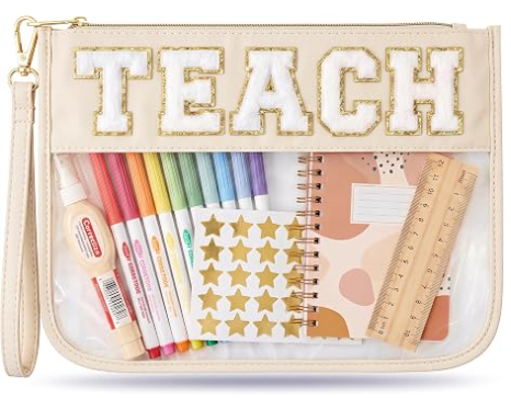 Tas Rias Hadiah Apresiasi Guru, Tas Hadiah Kelulusan untuk Wanita | Kantong Organizer Huruf Chenille TEACH Lucu. Hadiah Akhir Tahun Sempurna untuk Guru, Tas Kosmetik Bening & Perlengkapan Penting Guru