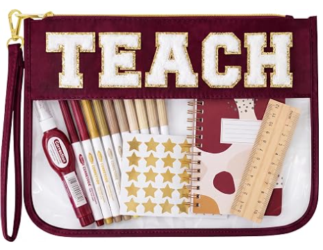 Tas Rias Hadiah Apresiasi Guru, Tas Hadiah Kelulusan untuk Wanita | Kantong Organizer Huruf Chenille TEACH Lucu. Hadiah Akhir Tahun Sempurna untuk Guru, Tas Kosmetik Bening & Perlengkapan Penting Guru