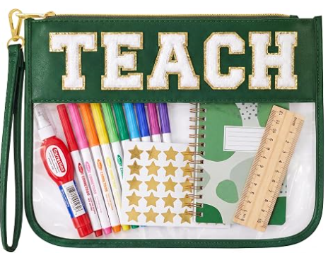 Tas Rias Hadiah Apresiasi Guru, Tas Hadiah Kelulusan untuk Wanita | Kantong Organizer Huruf Chenille TEACH Lucu. Hadiah Akhir Tahun Sempurna untuk Guru, Tas Kosmetik Bening & Perlengkapan Penting Guru