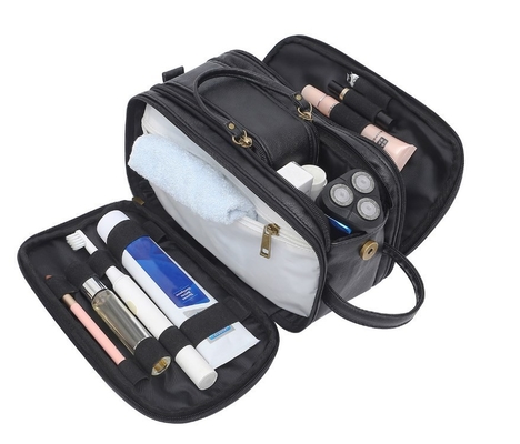 Warna Hitam Pu Kulit Tas Cuci Perlengkapan Mandi Tas Travel Mesh Tahan Air