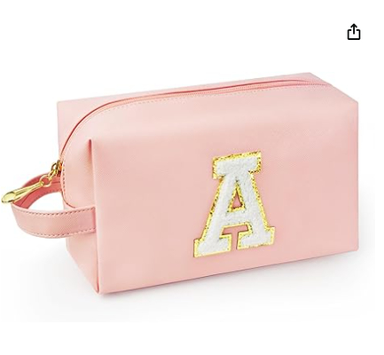 Tas Makeup Inisial yang Dipersonalisasi dengan Pegangan, Tas Kosmetik Preppy dengan Saku Ritsleting Dalam, untuk Anak Perempuan Usia 8 9 10 11 12 13 14 Tahun, Hadiah Kelulusan untuk Remaja Perempuan Wanita Guru